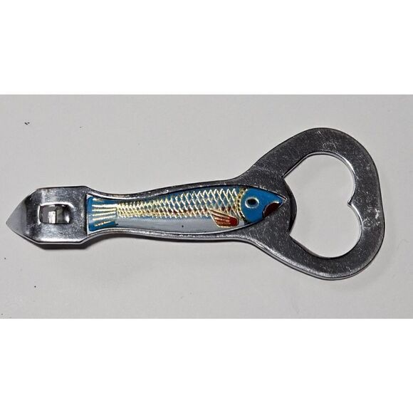 Vintage Metal Bottle Opener Enamel Blue Fish By Bell Korea PRISTINE - Picture 1 of 6